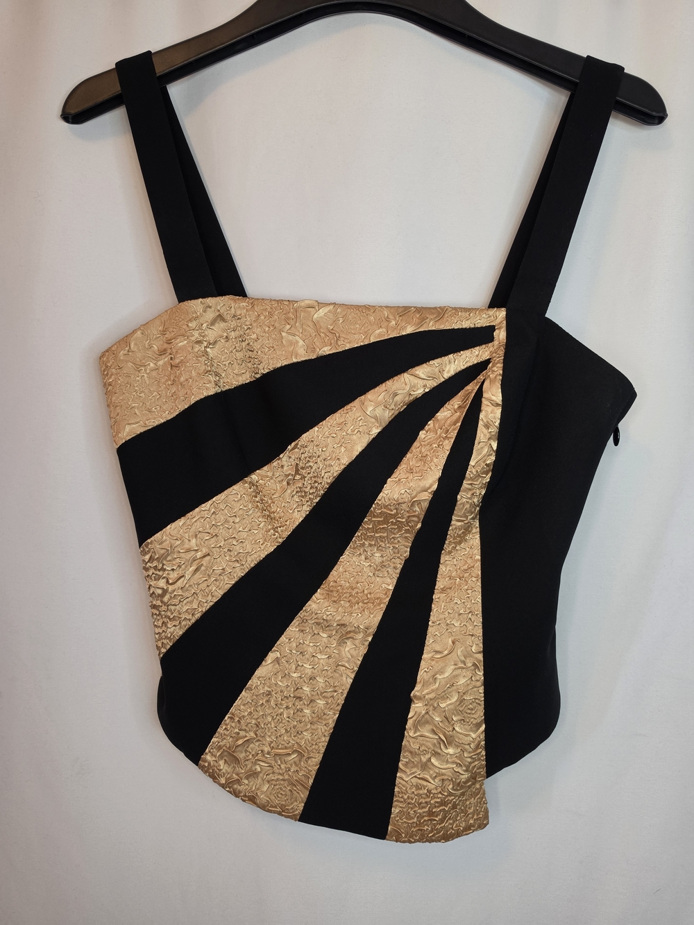 Vintage Joseph Ribkoff Black and Textured Gold Sculpted Stripe Asymetrical Cami.